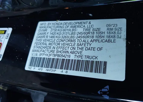 2023 Honda Ridgeline Rtl-E из США, поврежденный, VIN 5FPYK3F78PB054216